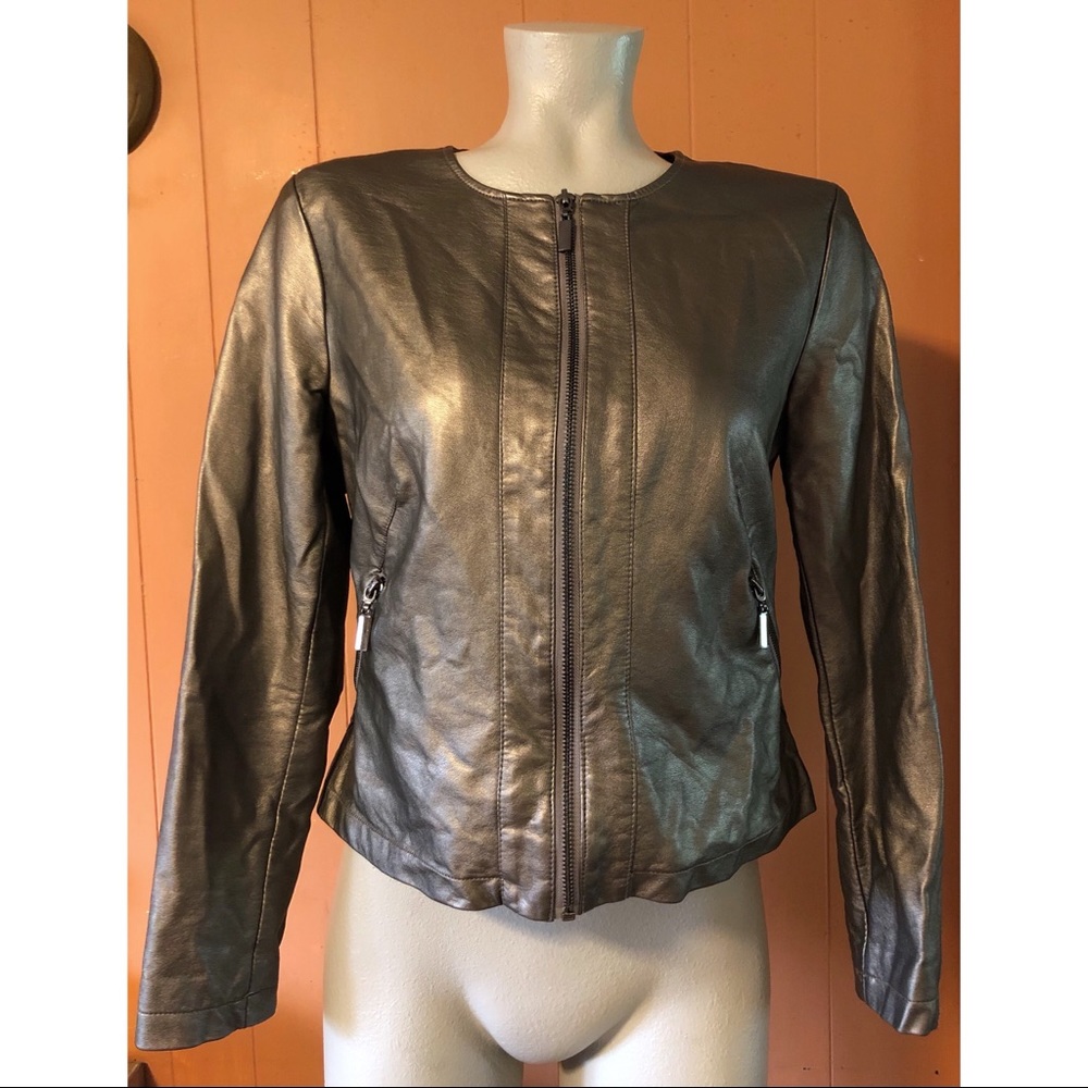 ALFANI Vegan Leather Zip Up Muted Metallic Jacket S - Picture 2 of 10